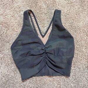 ALO Yoga Women's Dark Green Camo Ruched Front Sports Bra